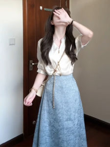 XUECAIQI | Stylish Plus Size Easy-to-match Short Sleeve Silk Shirt and High Waist Skirt Set