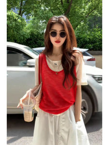 YUEZHONGWEI | Red Knitted Vest And Short Sleeve Shirt Layering Set Dopaamine Style Womens Loose Fit Summer Outfit Two-Piece Suit Casual Wear