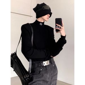 Black Mock-Neck Bottoming Shirt Mens K-style Fancy Inner Wear Niche Design Padded Shoulder Long Sleeves T-shirt Casual Ins