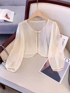 Casual Long Sleeve Womens Sun Protection Shirt Shawl Coat Short Length Skirt Matching Thin Outerwear Silk Chiffon Traditional Chinese Style Button