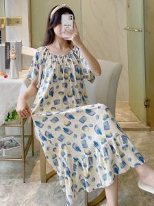Silk Cotton Sleep Dress Womens Spring Summer Autumn Thin Home Skirt Sweet Short Sleeve Large Size Cotton Silk Nightgown