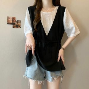 Stylish Fake Two Pieces Short Sleeve Bottoming Shirt Womens Summer Plus Size Plus Size Ladies Slimming Belly-Covering Cinched Peplum Tops