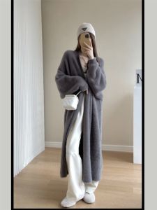 ถักยาวเขียวชอุ่ม ขนมิงค์ เสื้อสเวตเตอร์ เสื้อโค้ท ผู้หญิง โอเวอร์ไซส์ ฤดูใบไม้ร่วง ฤดูหนาว วินเทจ เรียบหรู เปิด คาร์ดิเกน เสื้อโค้ท โบฮีเมียน หวาน สไตล์