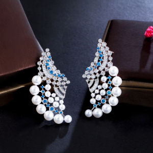 SEQUITO Gorgeous Ear Jewelry Micro Pave Blue White Crystal Stone Silver Plated Prom Party Butterfly Shape Pearl Big Stud Earrings Clothing Accessories SE894