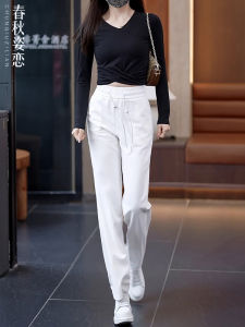 กางเกงขายาวทรงตรงผ้าไหมน้ำแข็งไซส์เล็กสำหรับผู้หญิง กางเกงขายาวทรงหลวมเอวสูง ฤดูร้อน 2024 กางเกงขายาวทรงหลวมสีขาว กางเกงขายาวทรงหลวมบาง