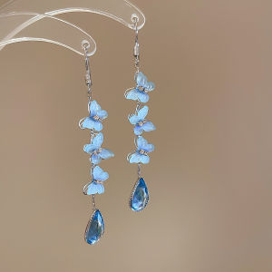 Blue Butterfly Drop Earring Women Imitation Pearl Crystal Long Tassel Chain Rhinestone Earring Party Wedding Jewelry Gifts K0