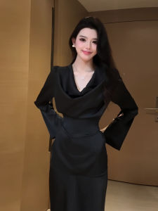 Elegant Chic Bell Sleeve Shirt Tie Waist Design Early Autumn New Style Womens Fashion High Collar Loose Fit Straight Cut Top