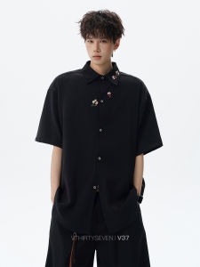 V37 | Traditional Style Flower Embroidered Turn-down Collar Short Sleeve Mens Shirts