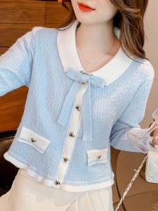 เสื้อสเวตเตอร์ถักคอปกปิดสีบล็อกสำหรับผู้หญิง ดีไซน์ผูกโบว์ผีเสื้อ แขนยาว ทรงสั้น สไตล์หวาน ฤดูใบไม้ร่วง 2023