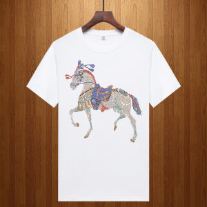 Fashionable Summer T-Shirt Mens Youth Heavy Embroidery Modal Short Sleeve Diamond Print Standard Fit Urban Style Animal Pattern