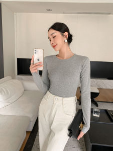 เสื้อยืดคอกลมแขนยาวทรงสลิมฟิตสำหรับผู้หญิง สีเทาอ่อน ฤดูใบไม้ร่วง/ฤดูหนาว เสื้อชั้นใน เสื้อผ้าทำงาน แฟชั่นลำลอง