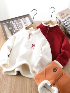 Boys Half-Zip Fleece Sweatshirt Camel down Base Layer Shirt Mid-Term Children Red Top Trendy Winter Warm Casual Kids Clothing