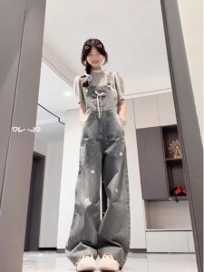 Retro Washed Denim Overalls Womens Spring Autumn Wide Leg Drapey Pants High Waist Long Trousers Butterfly Knot Design