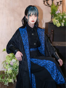 New Chinese Style Printed Long Coat Womens round Neck Robe Hanfu Element Bifurcated Wear Original Design Loose Fit Polyester