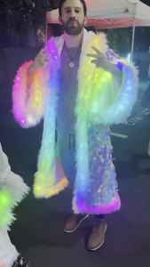 New LED Costume Sequin Faux Fur Patchwork Coat Long Shiny Fashion Holiday Party Costume Mens And Womens Faux Fur Coat