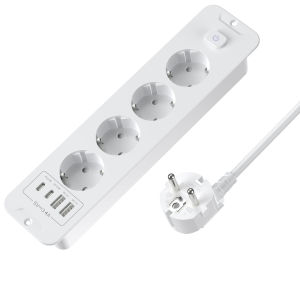 HITRENDS 4-socket EU Desktop Power Strip with 3m cable Recessed Socket with 2 USB and 2 Type-C ports 240V/16A multi plug