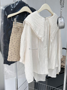 เสื้อเชิ้ตแขนยาวทรงหลวมสำหรับผู้หญิงในช่วงฤดูร้อน สีพีช แขนยาวครึ่งนิ้ว ทรงหลวม ทรงหลวม ทรงปกติ แขนยาวครึ่งนิ้ว