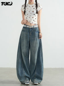 Retro Blue Denim High Waist Loose Womens Pants Wide Leg Trousers Slimming Drapey Feel Comfortable Fit Adult All Seasons