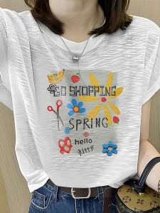 White Cotton Short Sleeve T-Shirt Womens Loose Slimming Fashion Design Summer New Style Korean Version Printed round Neck Top