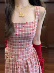 LIRENQING | Elegant Sophisticated Retro Red Checkered Ladies Summer Set Dress