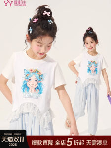 Princess Girl T-shirt Lace Splice Short Sleeve round Neck Summer New Style Childrens Cotton Blend Elastic Fiber Print Top