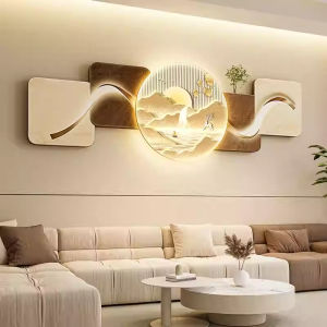 ภาพตกแต่งห้องรับแขกพร้อมไฟ LED ความหรูหราแบบใหม่ 2025 ภาพวาดสไตล์ครีมที่ติดผนังเบาๆ สำหรับพื้นที่ข้างโซฟา