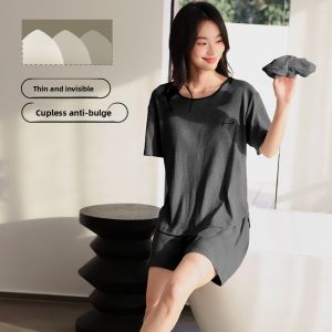 miiow | Cat Woman Sleepwear Casual Short Sleeve Home Clothes Set With Chest Pad 2025 New Summer Outwear Cotton Round Neck Dress