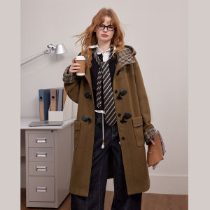Unifree | Hooded Vintage Plaid Patchwork Toggle Button Preppy Wool Coat