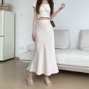 ⚜️SF French Style Retro Satin Long Skirt For Women High Waist Wrapped Hip Fishtail Skirt