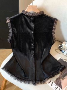 Áo Blouse Velvet Elegance Ôm Body Không Tay Có Viền Ren