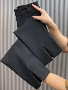 กางเกงขายาวทรงตรงสีดำสไตล์เกาหลีสำหรับผู้หญิง ทรงหลวม ผูกเอวยางยืด กระดุมสูง กางเกงขายาวทรงลำลอง