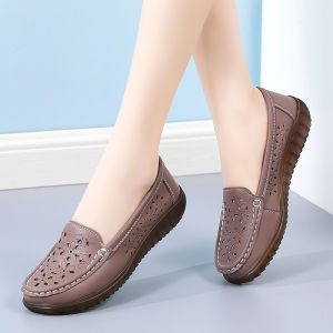 SHIPAILUO | Leather Hollow Out Slip-On Womens Shoes Summer New Style Anti-Slip Mom Shoes Soft Bottom Sandals Casual Round Toe Flat Heel