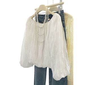 PAIBOLI | French Style Summer New Loose Fit Shoulder Bared Womens Shirt In White Minimalist Elegant Unique Beautiful Top By Pherber