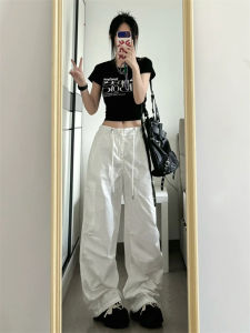 กางเกงทรงหลวมเอวสูงยาวคลุมเข่าทรงหลวมทรงหลวมสำหรับผู้หญิง กางเกงขายาวทรงหลวมแบบสวมหัวสีขาว ฤดูร้อนปี 2024 กางเกงขายาวทรงหลวมสำหรับผู้หญิง