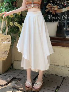 กระโปรงจีบสีขาวเอวสูง ทรงเอ ทรงหลวม สำหรับผู้หญิงในฤดูร้อน กระโปรงยาวปานกลาง กระโปรงทรงแอนดรอยด์ กระโปรงทรงวินเทจ