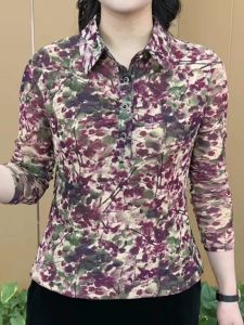 มีความเป็นผู้ใหญ่ ผู้หญิง แฟชั่นแขนยาว ปกเสื้อเชิ้ต พรางหุ่น เสื้อท่อนบน ใหม่ ฤดูใบไม้ร่วง สไตล์พิมพ์ลาย หลวม คอโปโลพอดีลายดอกไม้