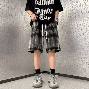 Mens Black Trend Tie-Dye Denim Shorts Boys Summer Distressed Loose High Street Drawstring Niche Style Half Length Middle Pants