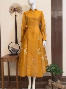 New Chinese Style Light National Trend Zen Retro Yellow Embroidery Improved Cheongsam Dress Women Autumn Winter Commute Single Piece Other Material 100%