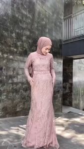 Fateema Couple Kemeja Batik dan Dress Maxy 7 Look In 1 Gamis Syar’i Pesta Wisuda Velvet Satin Kombinasi Brokat Tulle