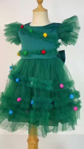 Christmas Tree Design Girl Princess Dress Green Mesh Girls Party Dresses Xmas Costume Childrens Birthday Dress Carnival Outfits
