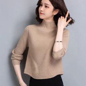 เสื้อสเวตเตอร์คอปกสั้นสำหรับผู้หญิง ทรงหลวม แขนยาว ปกติ เอวสูง หนา ฤดูใบไม้ร่วง/ฤดูหนาว เสื้อชั้นใน แฟชั่น ลำลอง