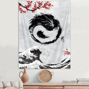 VIKAMA Japanese Ink Dragon Cherry Blossom Surf Wall Tapestry Black White Sumi E Kanji Great Wave Sakura Floral Asian Art Bedroom