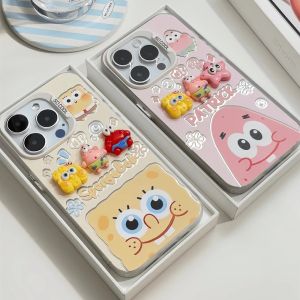 MrHaHa Casing For iphone 16 promax iphone 16plus iphone 15 promax iphone15 pro iphone 15 plus 16 14 13 12 11 Pro Max 7 8Plus Xs Max X Xs Xr Couple Cartoon Cute 3D DIY SpongeBob SquarePants Doll Cases Lens Frame Anti Drop Phone Case Protection Back Cover