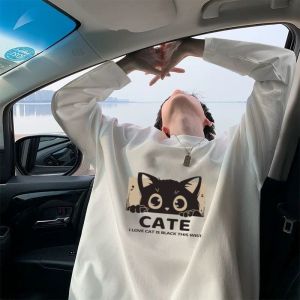 Áo Thun Cotton Dáng Rộng Dài Tay Phong Cách Hàn Quốc Cho Học Sinh Mặc Trong Nhà Màu Trắng Thường Ngày Mùa Thu