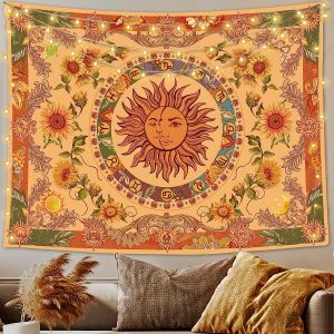 VIKAMA Bohemian Mặt Trời Cung Hoàng Đạo Tấm Thảm Hoa Vintage Polyester Nghệ Thuật Treo Tường Cho Phòng Khách Trang Trí Sofa Phòng Ngủ Lối Vào