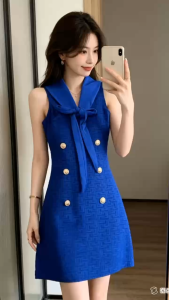 D#2601 Necktie Metallic Button Embossed Pattern Knitted Dress