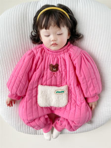 INS เสื้อกันหนาวบุใยฝ้ายบุขนกำมะหยี่สไตล์เกาหลีใส่ช่วงฤดูหนาวสำหรับเด็กหญิงชุดออกข้างนอกแบบชิ้นเดียวชุดออกงานให้ความอบอุ่นสำหรับเด็กทารกชุดจั๊มสูทปีนเขาครบเดือน