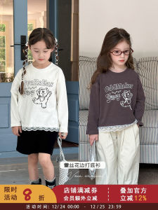 Cute Cartoon Bear Design Lace Edge T-Shirt for Girls Baby Cotton Long Sleeve Loose Fit Korean Style Autumn Fashion Base Layer Shirt