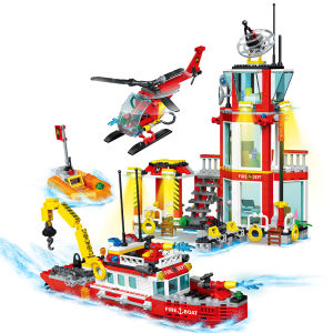 City Oceans Fire Station Blocks Compatible with leg0 Fire Station Set with Fire StationFire HelicopterFire ShipRescue Boat