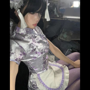 Váy Cosplay Che Che Pure Soft Sister New Chinese Style Summer Che Che Short Dress with Apron Polyester High Waist Floral Print H-Line Skirt